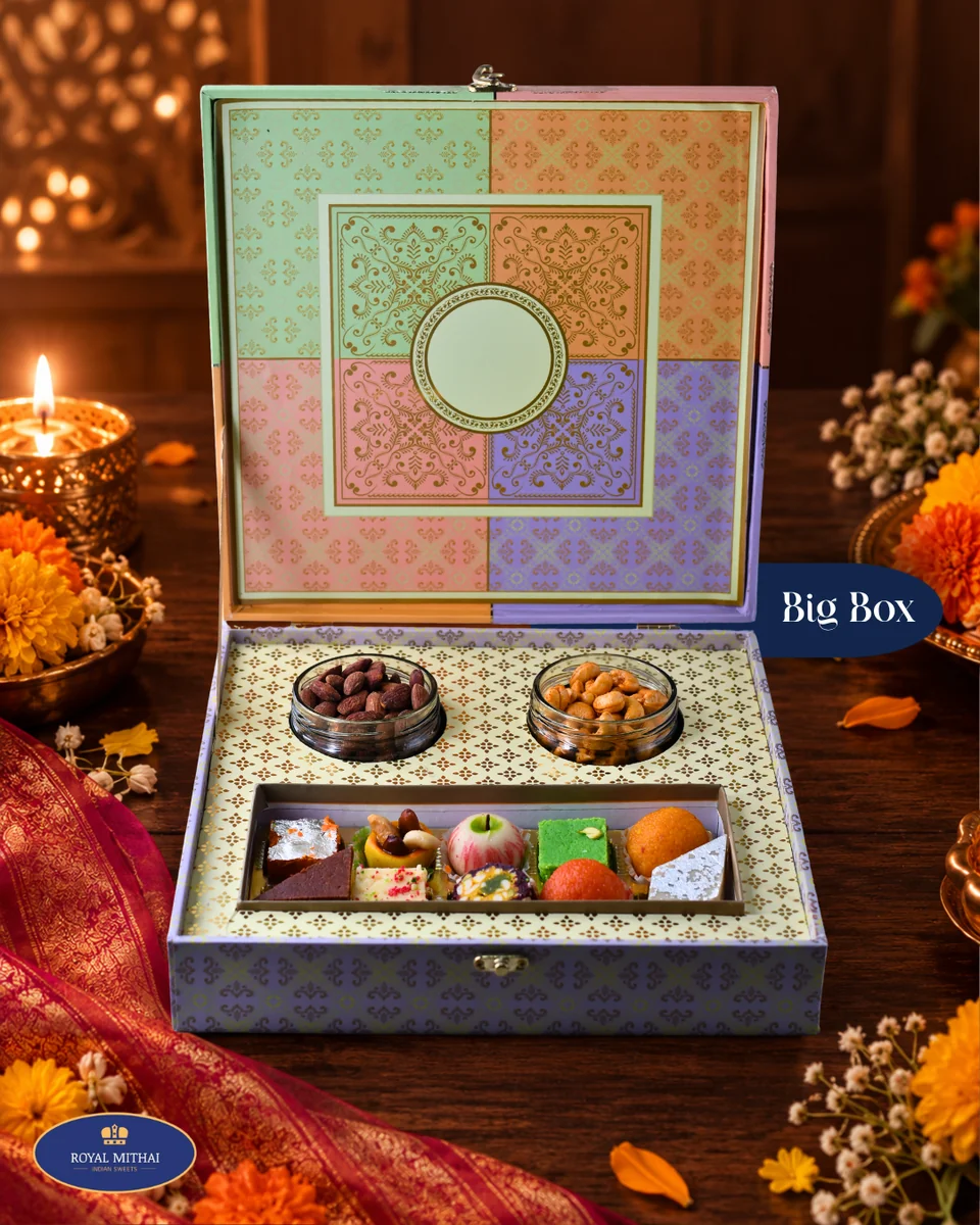 Royal Mithai Colourful Bliss gift box with assorted sweets and nuts